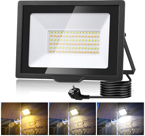 wowspeed 50W Faretto LED da Esterno, 5000LM Faro LED Esterno con Spina, Faretti LED Dimmerabile 3000K/4500K/6500K IP65 Impermeabile Faretti LED Esterno Per Giardino Cortile Corridoio Garage