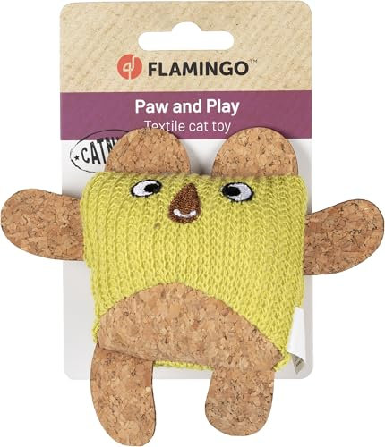 Flamingo Katzenspielzeug – Lemmo Eule – 13cm – Textil – Korkoptik – mit Catnip – grün – lustiges Katzenspielzeug