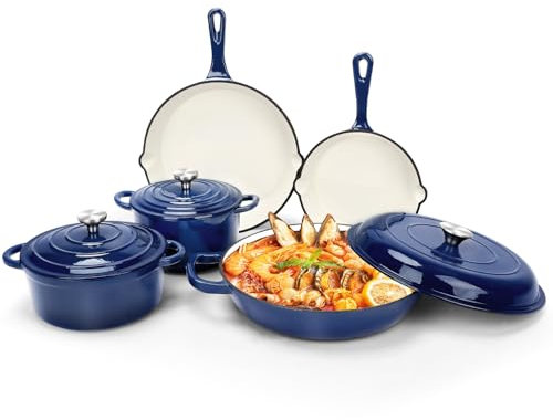 GFTIME Set di pentole in ghisa smaltata, set da 5 pezzi di forni olandesi, padella per salsa, set da forno olandese, padella, 3 coperchi, ghisa rivestita in ceramica, compatibile con gas/induzione,
