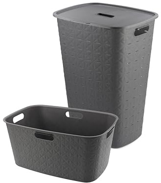 Curver Softex Wäschebox 56 L mit Deckel + Wäschekorb 45 L – 70 % recyceltes Material, offene Struktur, komfortable Griffe, Anthrazit