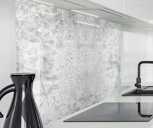 timalo Küchenrückwand Glasoptik | 80 x 50 cm Graue Vintage Shabby Wand Patchwork Beton | Acryl Glas 2mm | Spritzschutz Wand für Herd, Küche Glasrückwand Acrylglas Wandpaneele Rückwandschutz Platte