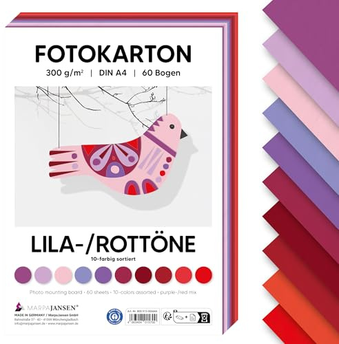 MarpaJansen Fotokarton Lila/Rot DIN A4 zum Basteln & Gestalten | 60 Bogen in 10 Farben, 300 g/qm² stabile Pappe | Blauer Engel zertifiziert, ideal für Karten & DIY Projekte