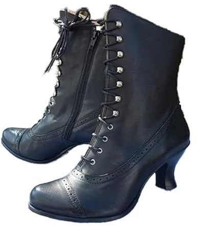 Botas victorianas vintage de los años 70 con cordones, botines de tacón medio, botines de bruja y abuelas, zapatos de disfraz de media pantorrilla, tacón cónico, cremallera lateral, ajuste ancho