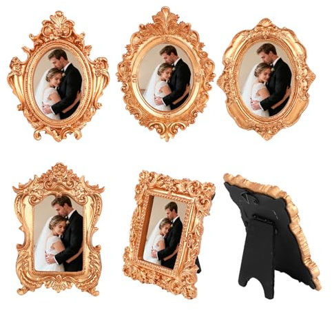 5st Mini Guldfärgade Tavelramar, Små Harts Vintage Antika Barockramar Liten Oval Rektangulär Fotodisplay Miniatyrdekor till Jul