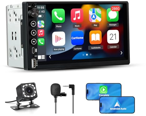 AWESAFE Autoradio 2DIN Bluetooth avec CarPlay & Android Auto, 7 Pouces Écran Tactile HD, Bouton Rotatif, USB/FM/Microphone, Miroir Link, Caméra de Recul Universel Voiture, Commande au Volant