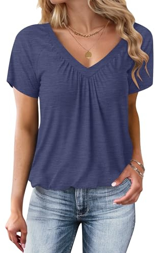 WNEEDU Ladies Bubble Hem Tops V Neck Short Sleeve T Shirts for Women UK