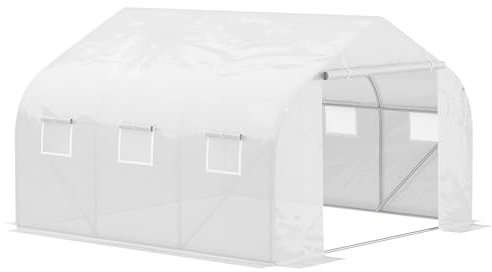 Outsunny Walk-In Polytunnel Greenhouse Warm House Garden Tunnel Shelter Plant Shed with Door and Windows, Galvanised Steel Frame, 3.5 x 3 x 2m, White