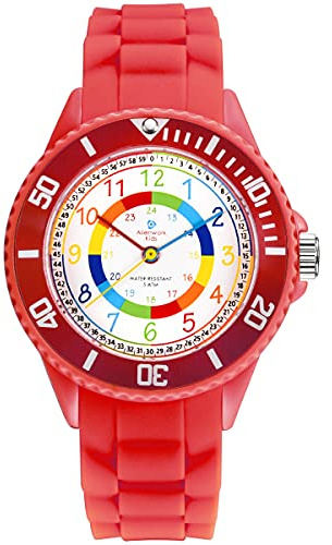 Alienwork Kids Montre Pédagogique Apprendre l'Heure Enfants Fille Rouge Bracelet en Silicone Multicolore Enfants Résistant à l'eau 5 ATM Temps d'apprentissage