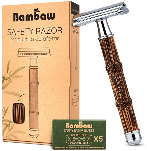 Bambaw Maquinilla Afeitar Mujer y Hombre, con 5 Hojas de Corte de Acero Inoxidable Sueco, Cuchilla de Afeitar Mujer de Uso Fácil y Seguro, Lujosa Experiencia de Afeitado Húmedo (Recto Plata Bambú)