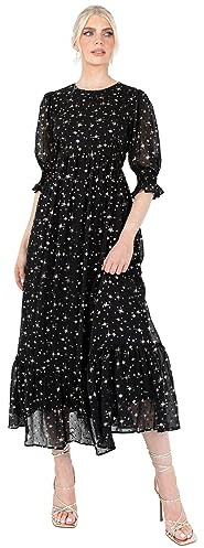 Lovedrobe Women's Midaxi Dress Ladies Puff Sleeve Round Neck Frill Tiered Hem Star Print Empire A-Line for Party Cocktail Evening, Noir 44