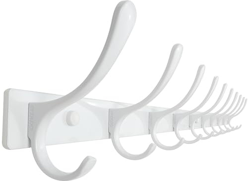 SKOLOO Perchero de Pared Montado - Resistente, 10 Ganchos, Acero Inoxidable, Colgador de Pared de Metal, Ganchos Resistentes para Colgar Abrigo, Chaqueta, Ropa, Sombrero, Blanco