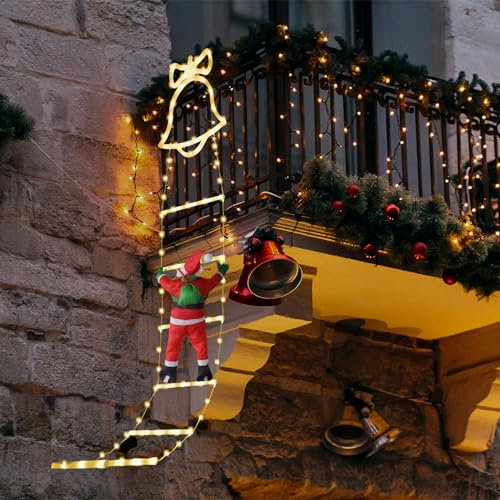 SelfTek Luci decorative natalizie a forma di scala con Babbo Natale che si arrampicano, decorazioni natalizie a LED con 8 modalità di illuminazione, per interni, esterni, giardino (160 cm, bianco