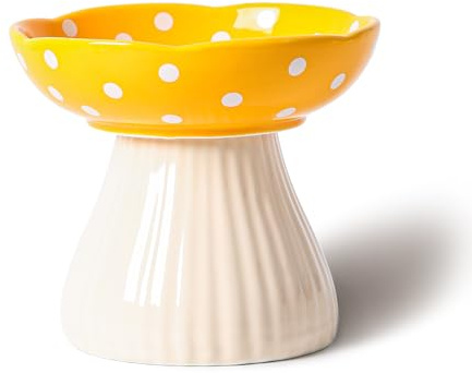 RESVUGA Mushroom Raised Cat Bowl, Cute Polka Dot Safety Ceramic Elevated Bowl for Small Dogs, Food Water Bowls (Yellow)