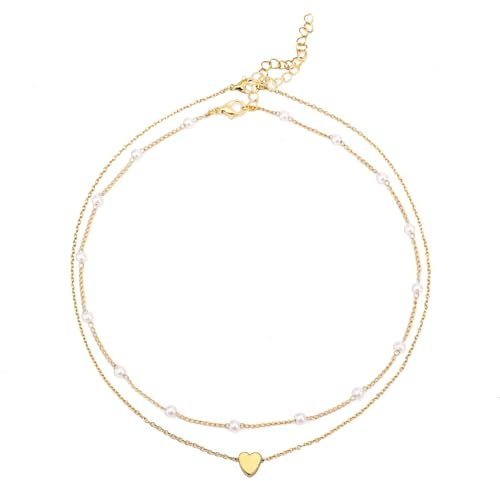 Mikovivi Layered Pearl Necklace for Women, Heart Dainty Necklace & Small Pearl Choker Trendy Pendant Necklace Jewelry Gift (Gold)