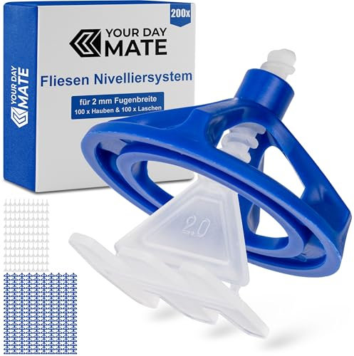 Fliesen Nivelliersystem, 200 teiliges Set, für 2 mm Fugenbreite und 5-20 mm starke Fliesen, je 100 x Zughauben und Gewindelaschen, Montagehilfe Kit Fliesen, Fliesenverlegsystem, Verleghilfe Fliese