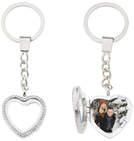 SUPERFINDINGS 2PCS Porte-clés en forme de coeur Porte-Clés photo à breloques Porte-clés médaillon en verre avec strass Porte-clés médaillon Porte-clés couple Porte-clés pour Valentine, 9.7cm