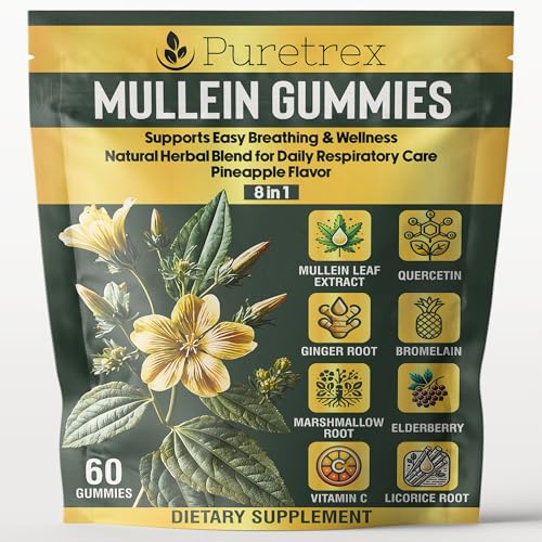 Puretrex Mullein Gummies – 8-in-1 Respiratory Support with Quercetin, Ginger, Bromelain, Elderberry & Vitamin C – Lung Cleanse & Immune Booster – Pineapple Flavor – 60 Gummies