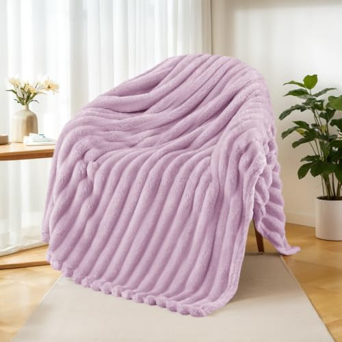 Exclusivo Mezcla Fleece Throw Blanket for Sofa, Super Soft Striped Jacquard Bed Blanket, Lightweight Fuzzy Cozy for All Seasons, 127x152 CM, Lilac Purple