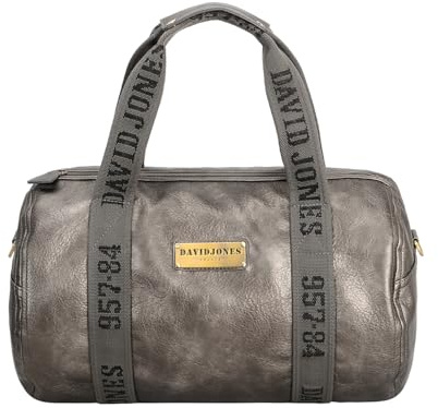 David Jones - Sac polochon Femme Homme en Similicuir grainé - Grand Format Cabine avec bandoulière - Sac Sport, Week-End ou Ville (Dark Silver)