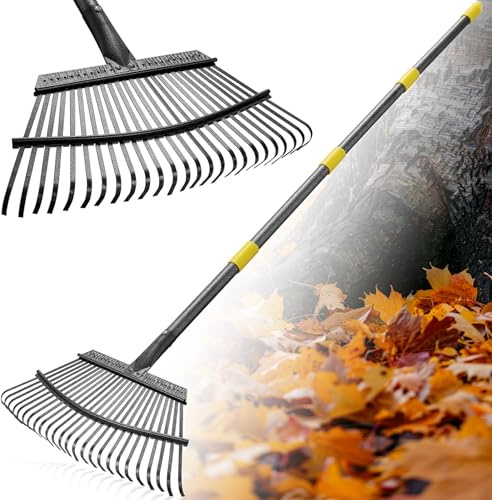 FLY HAWK Râteau à Feuilles, 165cm Râteau de Jardin avec Manche Réglable et 25 Dents Renforcées, 45cm Grande Surface Râteau de Jardin pour Nettoyer Plantes, Pelouse et Cour