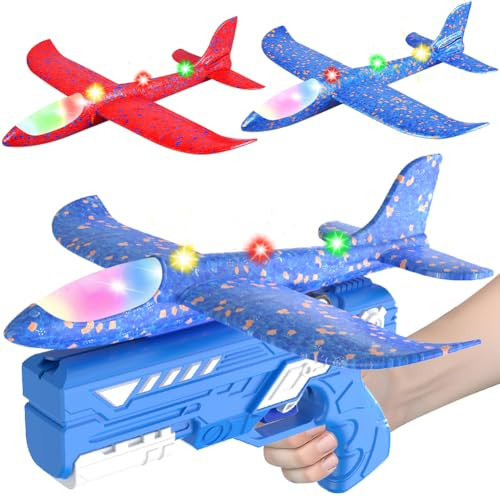 HATFRYF Airplane Launcher Toys, 2 Pack LED Throwing Glider Plane, Catapult Aeroplane Toy with Gun, 2 Flight Modes Outdoor Sport Flying Toys for Kids Age 3 4 5 6 7 8 9 Year Old Boys Fun Birthday Gifts