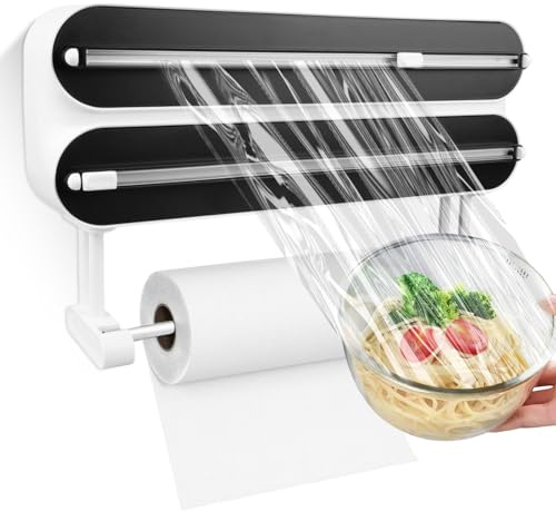Distributeur de film alimentaire 3 en 1 : porte-rouleau mural magnétique de cuisine, coupe-film ABS, distributeur et dévidoir multifonction pour cuisine (D4 noir/50 m)