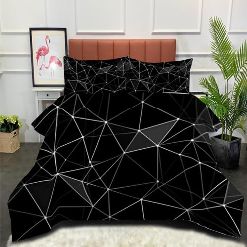 DLERFLOVR Edredón Nórdico Polígonos – Relleno Nórdico 4 Estaciones Líneas De Cuadrícula – Ultra Suave – Colcha AlternativoCama 90 Edredón Acolchado 140x200cm Negro