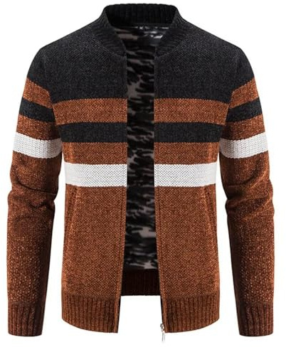 Jinsha Cardigan de Punto Masculino Suéter Grueso Cremallera Completa Líder Mantenerse Caliente Pullover Revestimiento de Lana Abrigo de Invierno(Black Brown-L)