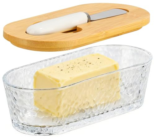 Voency Beurrier en verre de 350 ml avec couvercle en bois pour tous les types de beurre (250 g) 100 % sans BPA, porte-beurre en verre pour le stockage du beurre