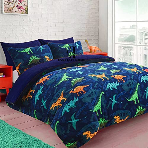 EXQUIZIT HOME Teddy Bear Children Fleece Dinosaur Roar Duvet Quilt Cover Bedding Set With Matching Pillowcase Warm Cosy Winter Kids Dinosaur Blue Double 200cm x 200cm Approximate