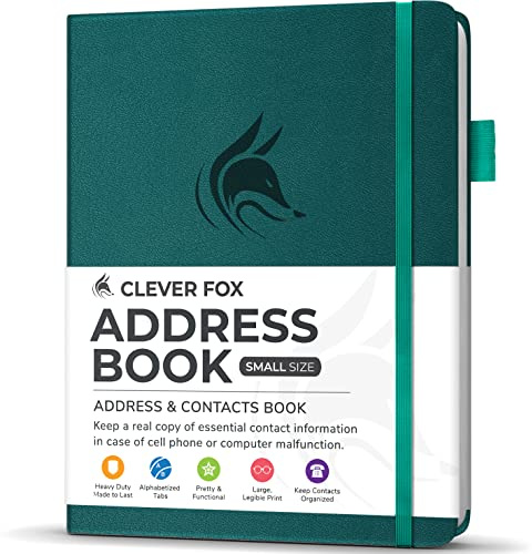 Smart Fox adressbok med alfabetiska flikar, telefon, liten mörk blågrön