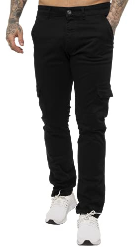 989Zé ENZO EZ410 Mens Cargo Combat Trousers Cotton Slim Fit Chinos Stretch Jeans Work Pants Casual (32, Black)