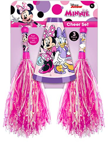 JA-RU Disney Minnie Mouse Cheer Pom Poms for Kids with Handle (1 Pack) Pink Pompoms for Cheerleading with 1 Megaphone Cheer | Dance Cheering Poms Shakers | Birthday. A-7824-1