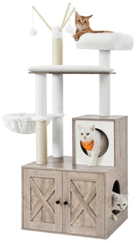 Feandrea 2-in-1 Modern Cat Tower, Cat Condo with Scratching Posts, Removable Pompom Sticks, Washable Cushions, Greige PCT113G01