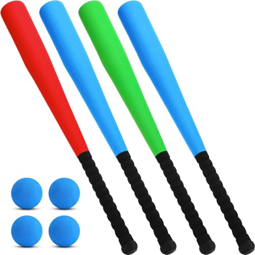 Wettarn 4 Pcs Foam Baseball Bat Foam Bat with Safe Soft Baseballs T Ball Set for Outdoor Indoor Sport Game Beginners Practice Playing Training(Red,Blue,Green,24 Inch)