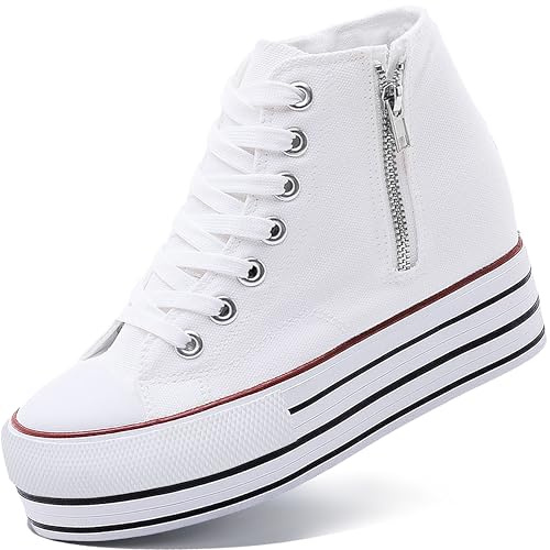 REFRASE LIFE Womenâs Platform Wedge Sneakers 4 Inch Height Boost Hidden Heel High Top Canvas Shoes, Lace Up Side Zipper Casual Walking Shoes