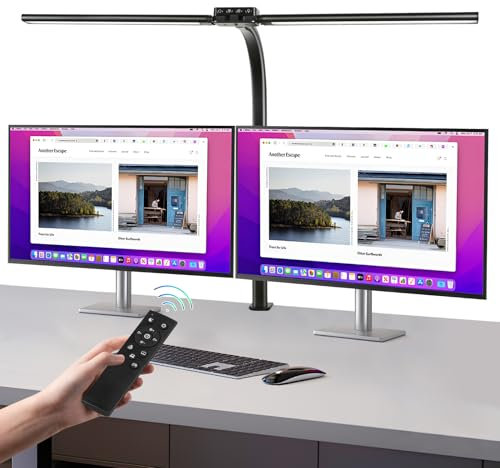 Euakee Doppelkopf Schreibtischlampe LED Dimmbar, 24W 80CM Schreibtischlampe Klemmbar für Homeoffice, Augenschutz Tageslichtlampe mit Fernbedienungen 10 Farb 10 Helligkeit, 360° Schwanenhals Tischlampe