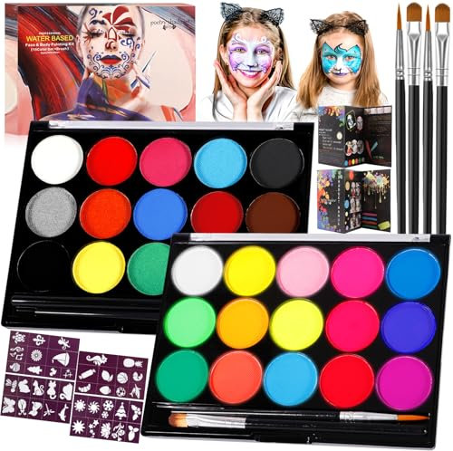 ZZXLOPEZ Kinderschminke Set, Gesichtsfarbe Kinderschminken, 15 Farben Neon UV Schminkfarben, Gesichtsfarben Körperfarbe mit 30 Farben,40 Tattoo-Vorlagen,Kinderschminken für Fasching Halloween Karneval