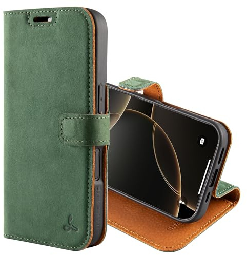 Snakehive Leather Wallet for iPhone 16 - Real Leather Wallet Phone Case with Viewing Stand and Card Holder - Flip Folio Cover with Card Slots (Green)