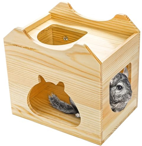 Yesland Wood Chinchilla House, Natural Small Animal Hideout Hut for Chinchilla, Squirrel, Sugar Gliders in Cage -Ventilated Wooden Hamster Habitat with Multiple Doors - 8.5 X 6 X 8 Inches