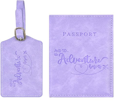 Greyoe Funda Pasaporte, Funda para Pasaporte, Organizador de Pasaport de Cuero PU + Etiqueta de Equipaje, para Hombres y Mujeres, Accesorios de Vacaciones, Esenciales de Viaje (púrpura Claro)
