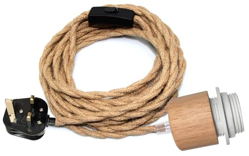 LQUNFYL Hemp Rope Plug in Pendant Lighting with 5M Cable, E27 Lamp Holder with On/Off Switch, Plug in Ceiling Light, Hemp Rope Light Fitting, Vintage Industrial Hanging Light Cord for DIY Lampshade
