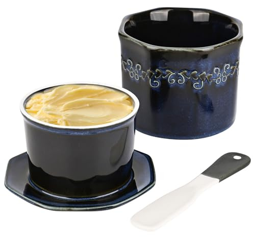 bssmmai Burriera francese in ceramica, 250 g, con coltello in ceramica, raffreddato ad acqua con linea di galleggiamento, porcellana da cucina