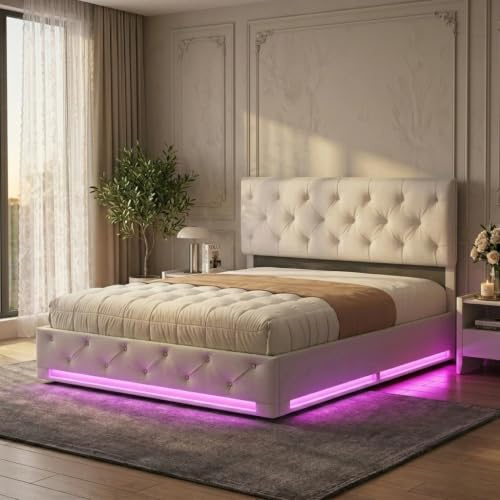 Lit Coffre 160 x 200 cm,avec Éclairage LED et Port USB,Lit Double Rembourré avec Rangement et Tete de lit,pour Adultes et Adolescents,Lin (Beige C, 160 x 200 cm)