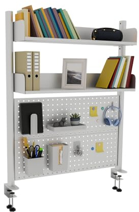 Boltmol Boltmol kläm-på 2-nivås skrivbordshylla, vit 80 cm, skrivbordsarrangör med Pegboard, bokhylla för skrivbordsförvaring för hem, kontor sovsal