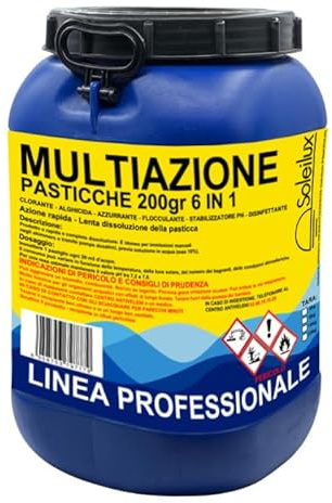 SOLEILUX Triplex Multiazione Pastiglie 200gr 25kg Cloro 6 IN 1 - Clorante, Azzurrante, Flocculante, Disinfettante, Antialghe e Stabilizzatore ph - Azione Rapida - Lenta Dissoluzione