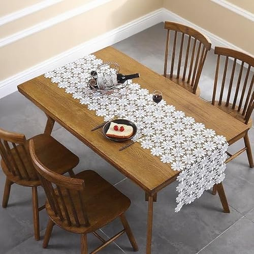 White Flower Runners Lace Table Cloth for Home Kitchen Wedding Banquet TV Cabinet Dining Table Runner (180cm*40cm)