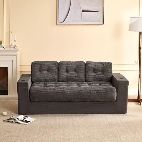 Litbird 3 Seater Couch for Living Room, Space-Saving Boneless Sofa in a Box with Cushions & Cup Holders, Corduroy Floor Sofa with Backrest, No Assembly Required, for Small Spaces & Teens,Grey