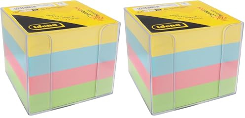 Idena 11183 - Scatola per appunti, trasparente, 9 x 9 x 8 cm, con blocco note da 700 fogli, carta FSC-mix in 4 colori (Confezione da 2)