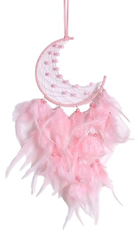 Moon Dream Catcher for Bedroom Wall, Witchy Feather Dreamcatcher Handmade Home Decor, Gift for Women Girls Teenage Kids, Romantic Room Decorations and Hanging Accessories (Pink)